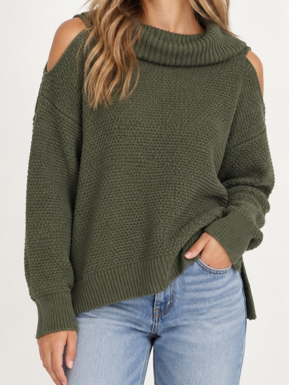 Hollister Olive Green Cold-Shoulder Mock Neck Sweater